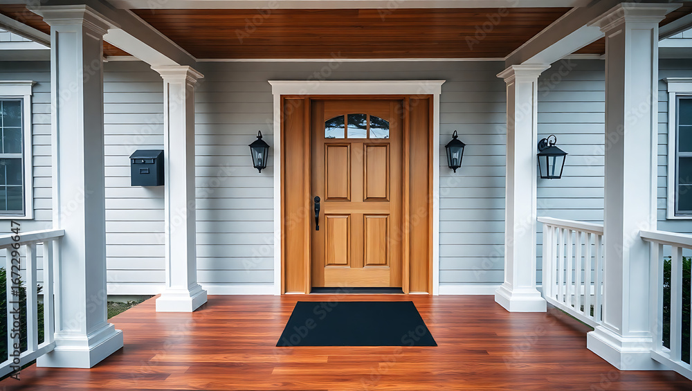 Fototapeta premium The flooring is made of polished wood, adding warmth to the entrance. The central focus is a wooden front door with a natural.