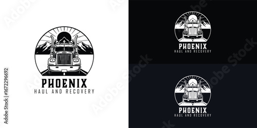 A classic black and white logo for a heavy haul towing company features a powerful semi-truck driving on a road toward a mountain range with the sun in the background.
