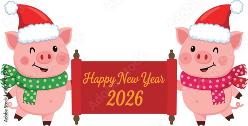 Cute Cartoon Pigs with Santa Hats Holding "Happy New Year 2026" Banner – Holiday Illustration for Christmas and New Year