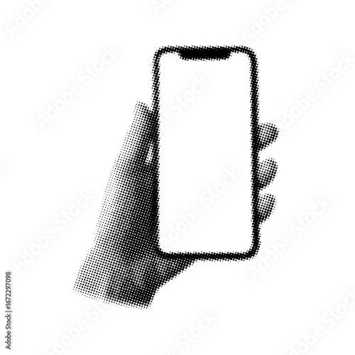 Halftone hand holding smartphone,trendy collage element