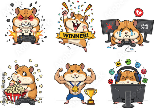 Cute gaming hamster characters, intense emotions, winner celebration, frustration, game over sadness, popcorn snack, muscle flexing, gaming headset, streaming gameplay.