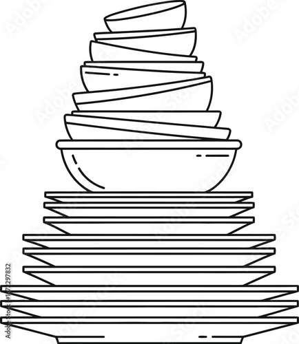 Stacked dishes plates bowls kitchenware tableware washing cleaning dirty mess