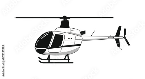 A white helicopter with black stripes and rotor blades on a plain background