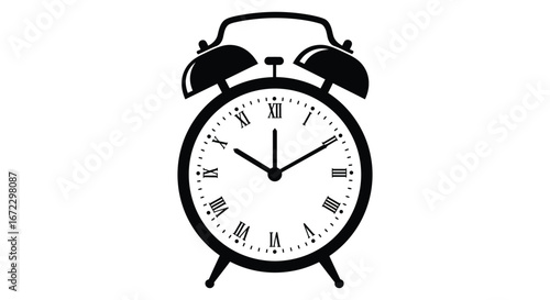 A black and white illustration of a classic alarm clock
