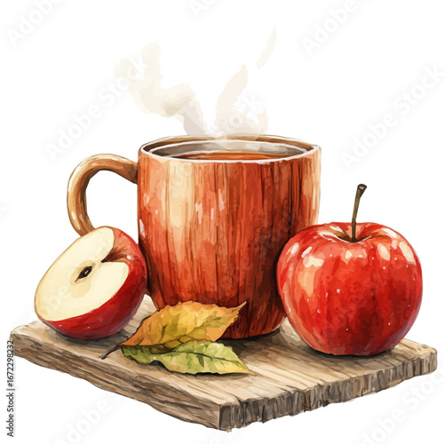 Apple Cider Mug Steam, watercolor vector, isolated on a white background.