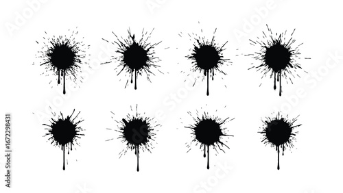 Eight black ink splatters, abstract ink splash graphics with dripping effect, perfect for design projects