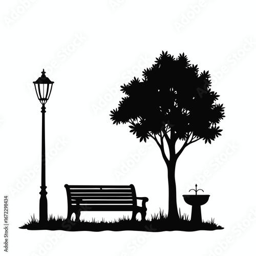 Black silhouette of park scene with bench lamp and fountain 1