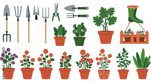 Gardening tools and plants with flowers in pots on a clean white background