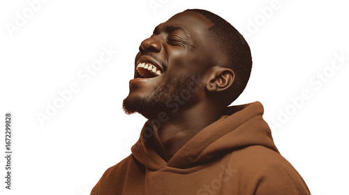 Side view of joyful Black man in brown hoodie laughing out loud, on transparent background