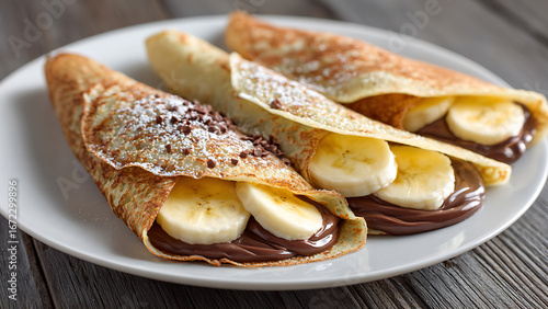 Gourmet Chocolate Banana Crepes with Sprinkles and Powdered Sugar on a Rustic Table