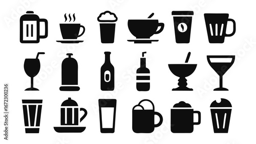 Assorted beverage containers and drinkware icons glass