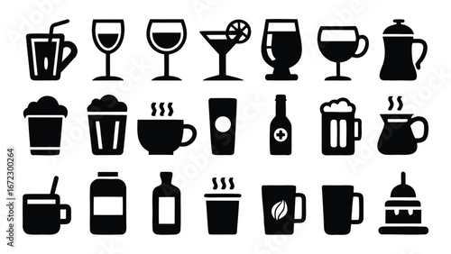 Assorted beverage containers and drinkware icons glass