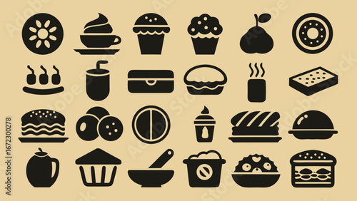 Assorted food and drink icons black on beige background vector