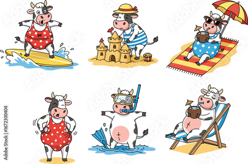 Funny cartoon cows enjoying summer beach activities, surfing, building sandcastles, sunbathing, snorkeling, relaxing with drinks, summer vacation, cute farm animals