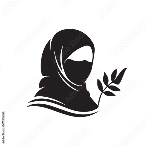 Silhouette of a Muslim woman in a hijab and niqab holding an olive branch, symbolizing peace and faith. Black and white vector icon for Islamic culture