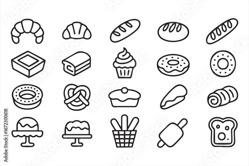 Pastry Shop Icon Pack with Bakery Food Bread Dessert and Confectionery Symbols