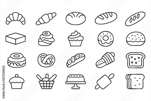 Vector Bakery Icons with Baguette Donut Croissant and Cake Outline Illustrations