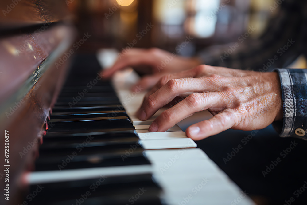 Fototapeta premium Mature musician's hands playing a melody on a classic wooden piano keyboard.