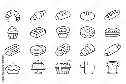 Bakery Outline Icons Vector Set with Bread Croissant Donut Cupcake and Cake