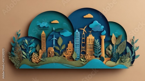 Paper-cut city scene, eco-friendly