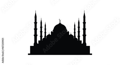 A black silhouette of a mosque with minarets and a dome