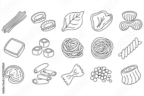 Pasta Types Vector Icons with Traditional Italian Food Outline Illustrations