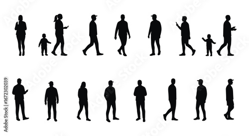 Silhouettes of people walking in various poses and groups on white background