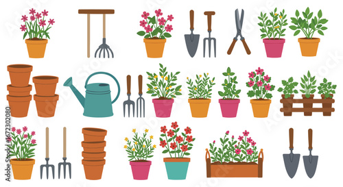 Gardening tools and flowers in pots on a clean white background