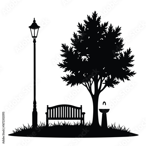 Black silhouette of park scene with tree bench lamp and fountain 1