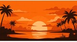 Warm Tropical Sunset Silhouetted Palm Trees, Calm Waters, and a Fiery Sky Creating a Peaceful and Idyllic Island Evening Scene