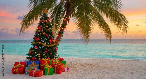 Christmas tree decorated with ornaments and presents under a palm tree on a tropical beach at sunset.