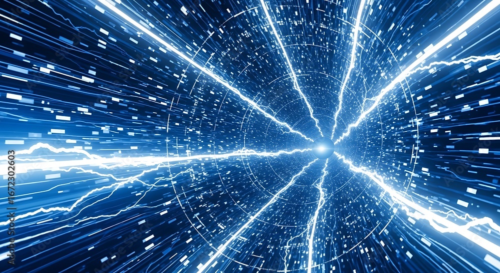 Fototapeta premium Lightning strikes in the night sky, creating a tunnel of electric energy