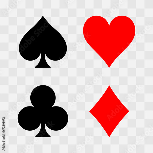 Four iconic poker suit symbols including spade, heart, diamond, and club are arranged neatly on a plain background, showcasing their design and vibrant colors. Casino gambling theme vector symbol.
