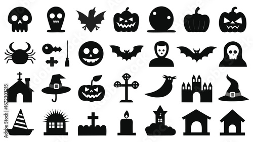Halloween icons spooky creatures haunted objects and symbols vector