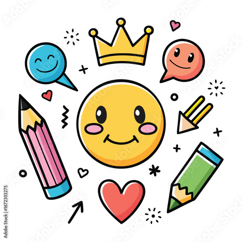 Happy yellow face surrounded by creative elements and symbols crown pencils
