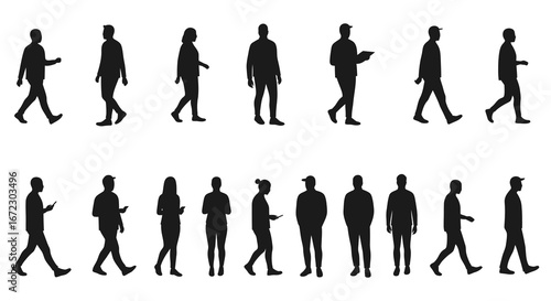 Silhouettes of people walking in various poses and attire on white background