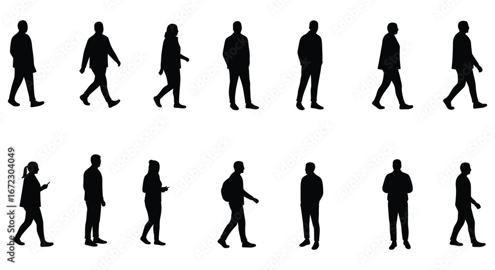 Fototapeta premium Collection of diverse people walking in various poses and directions in silhouette