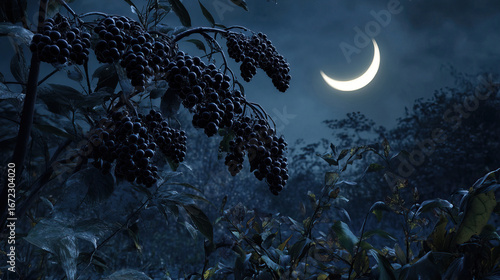 Massive belladonna plant in an abandoned garden, its berries glistening with dew under a moon