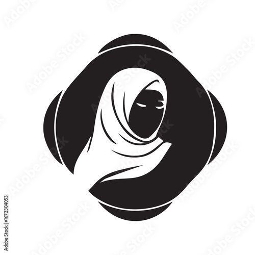 Elegant graphic black and white silhouette portrait of a woman in a hijab, symbolizing cultural identity, modesty, and grace with a timeless minimalist aesthetic