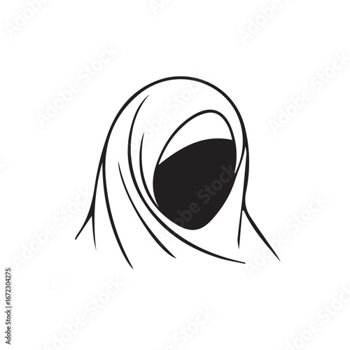Elegant minimalist line art of a Muslim woman wearing a traditional hijab headscarf, a symbol of faith and modesty