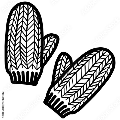 Black and white contour illustration of winter gloves. Knitted woolen gloves vector icon 