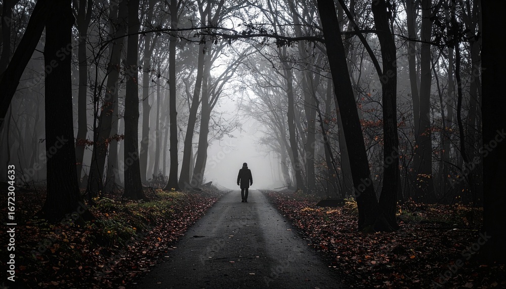 Obraz premium Spooky Halloween background of a dark forest path with a shadowy man walking in fog and mist, creating a mysterious, scary, and haunting autumn night atmosphere.