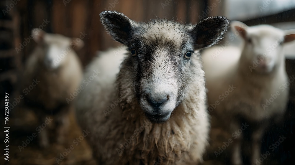 Naklejka premium Sheep huddled in a cozy barn during a rainy day