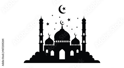 A black silhouette of a mosque with minarets and crescent moon
