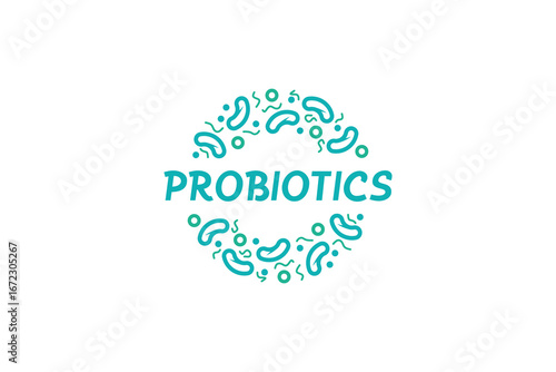 Creative probiotics logo design with abstract bacteria shapes forming a circular frame around bold typography, symbolizing health, digestion, and microbiome balance.