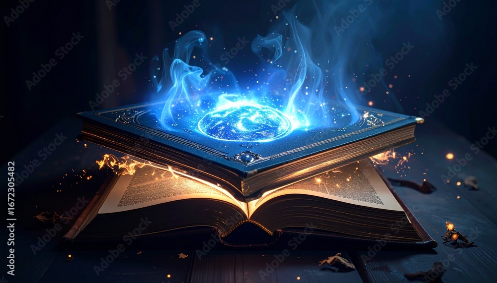 Obraz premium Bewitched magical book glowing in the dark, symbol of black magic, sorcery, fantasy literature, and witchcraft. Perfect for Halloween or fantasy design themes.