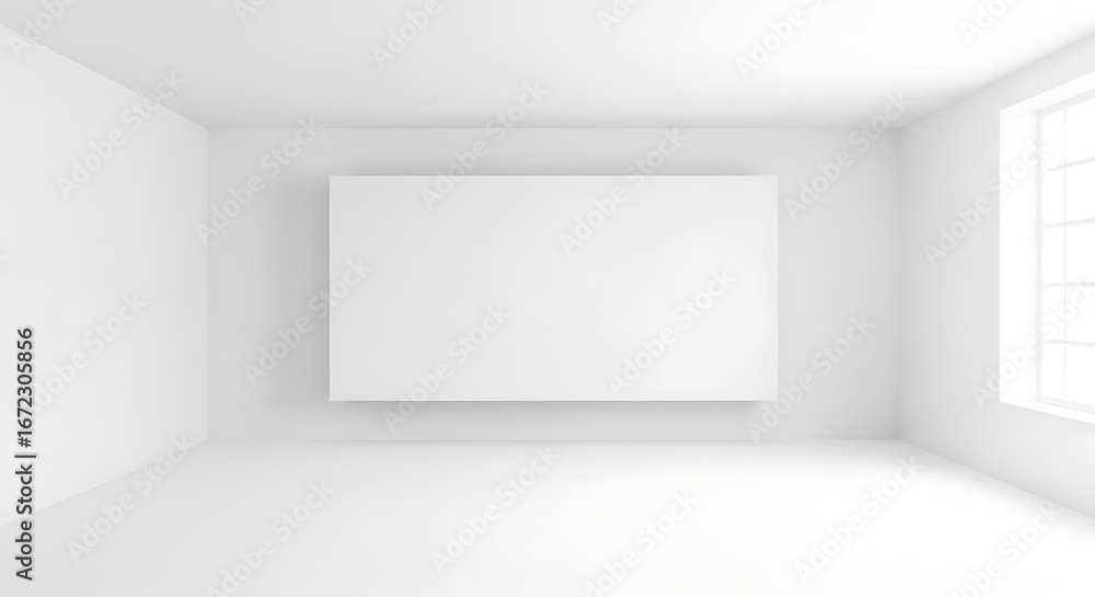 Fototapeta premium Empty White Minimalist Room with a Blank Square Frame and Sunlit Window