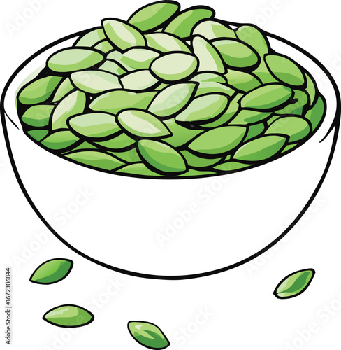 A bowl overflowing with fresh green pumpkin seeds scattered around a white bowl
