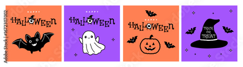 Happy Halloween poster set design featuring pumpkin, a ghost, bat, and a spooky hat.A scary night treat and trick party concept in vibrant colors. Fun web illustration and graphic design card concept.