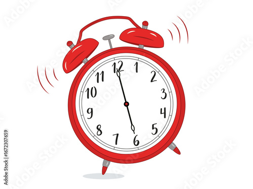 Illustration of a classic mechanical alarm clock with two bells and a hammer clangin. The clock face shows 6:00 AM, with motion lines indicating the ringing effect. Simple design on a white background